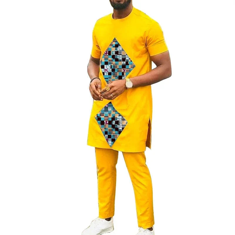 Men's African cotton suit by Showlu Fashion with yellow rhombus print, includes top and matching pants, perfect for stylish occasions.