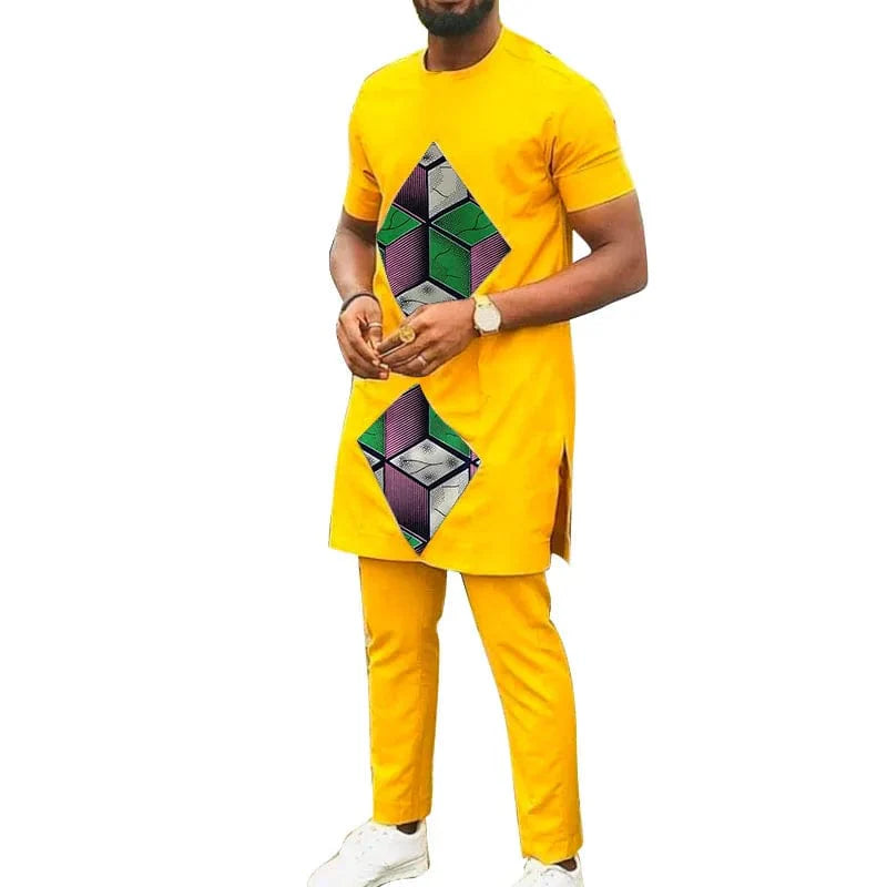Showlu Fashion men's African cotton suit with yellow rhombus print, includes top and pants, traditional African male outfit.