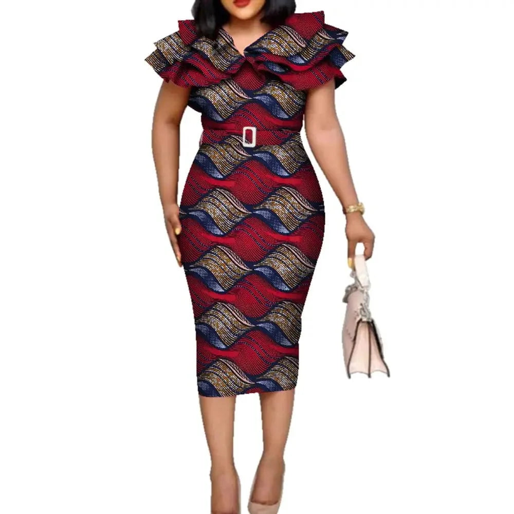 African Dashiki print cotton dress with ruffle collar and belt, designed for women’s wedding and special occasions.