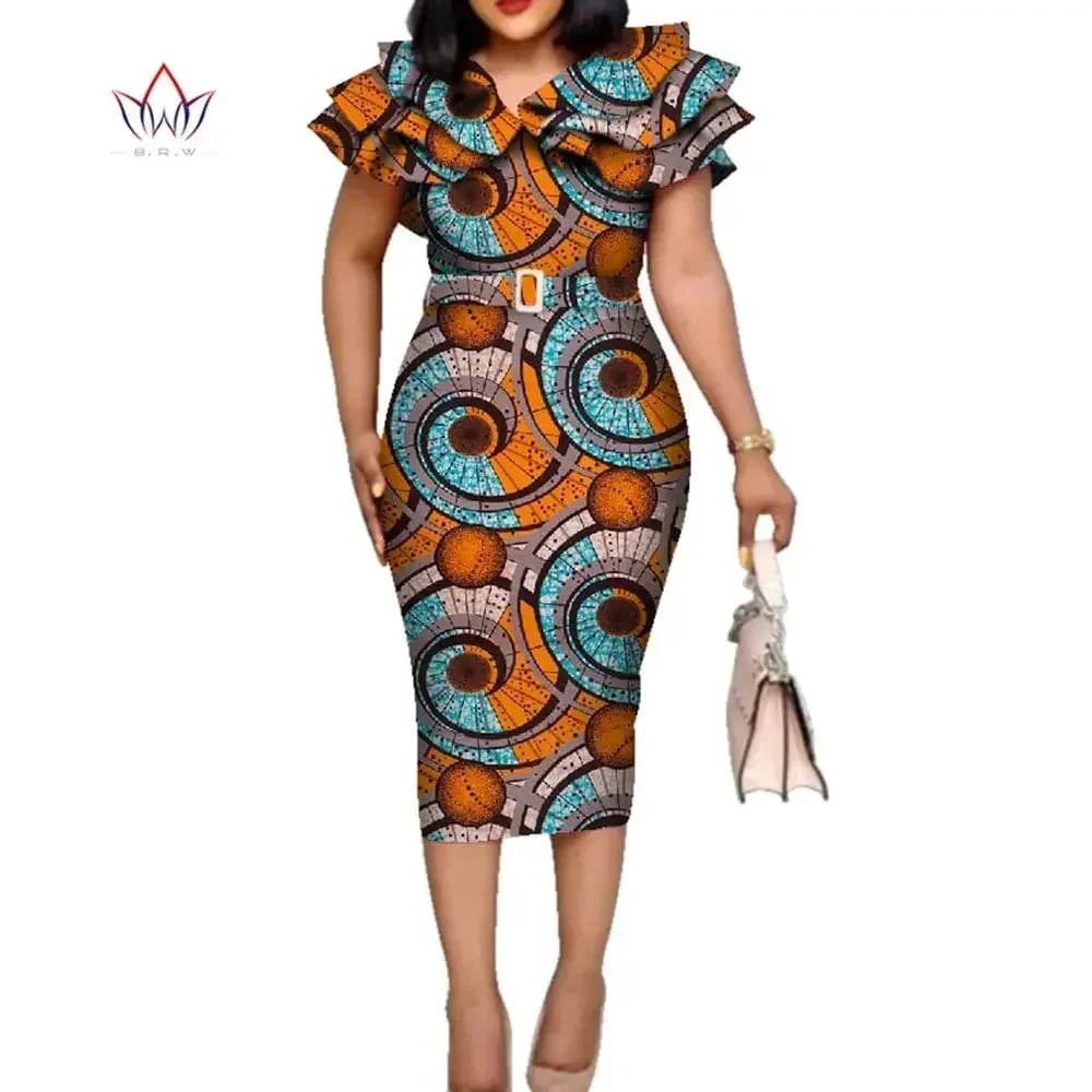 African Dashiki print dress by SHOWLU FASHION STORE featuring cotton fabric, ruffle collar, and belt for women’s wedding or special occasions.