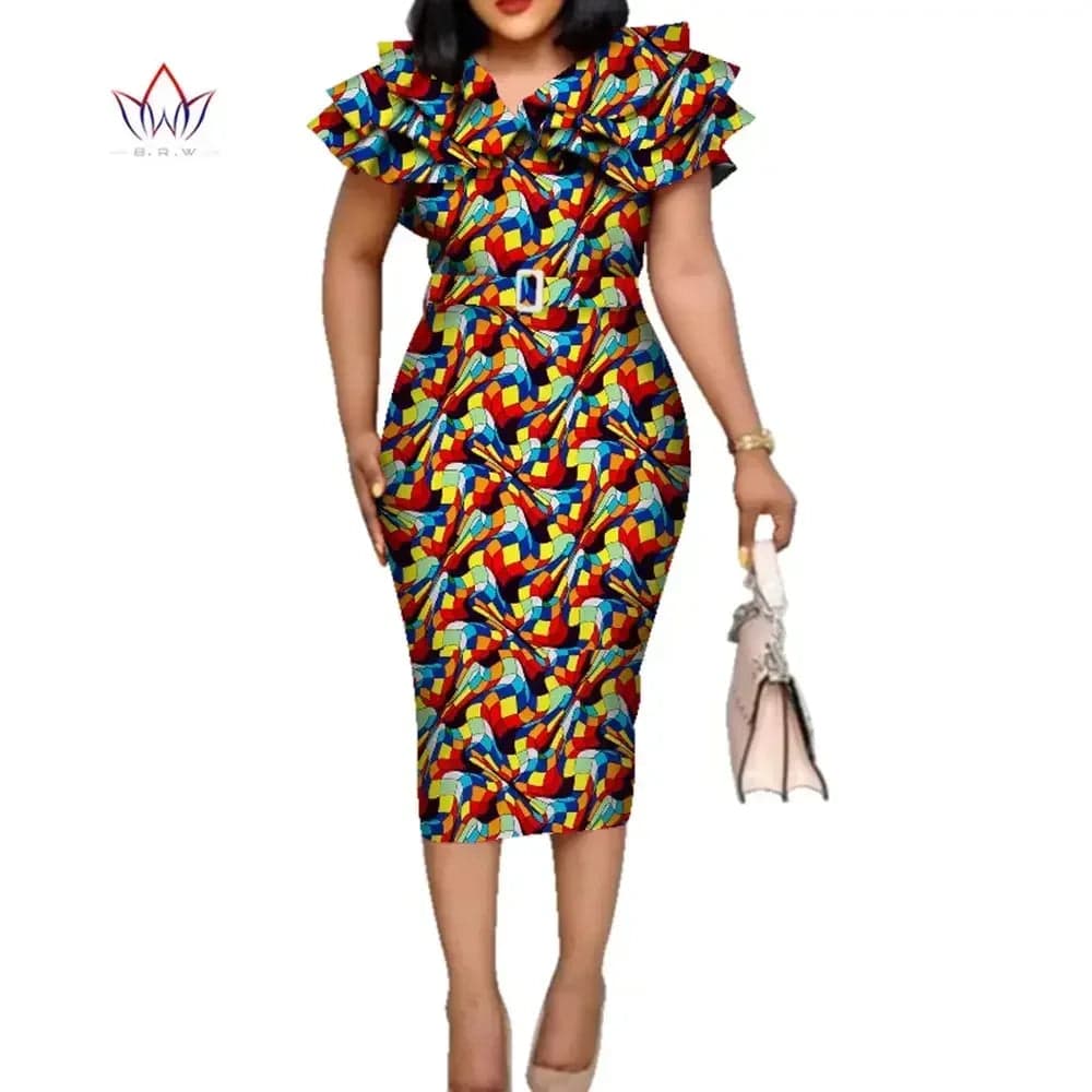 African Dashiki print dress by SHOWLU FASHION STORE with cotton fabric, ruffle collar, and belt, suitable for weddings and special occasions.