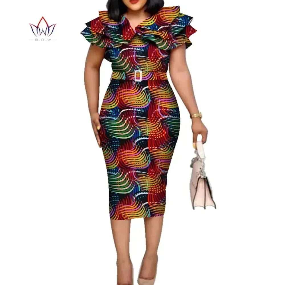African Dashiki print dress by SHOWLU FASHION STORE featuring cotton fabric, ruffle collar, and belt, suitable for weddings and special occasions.