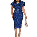African Dashiki print dress with ruffle collar and belt, cotton fabric, perfect for weddings and special occasions.