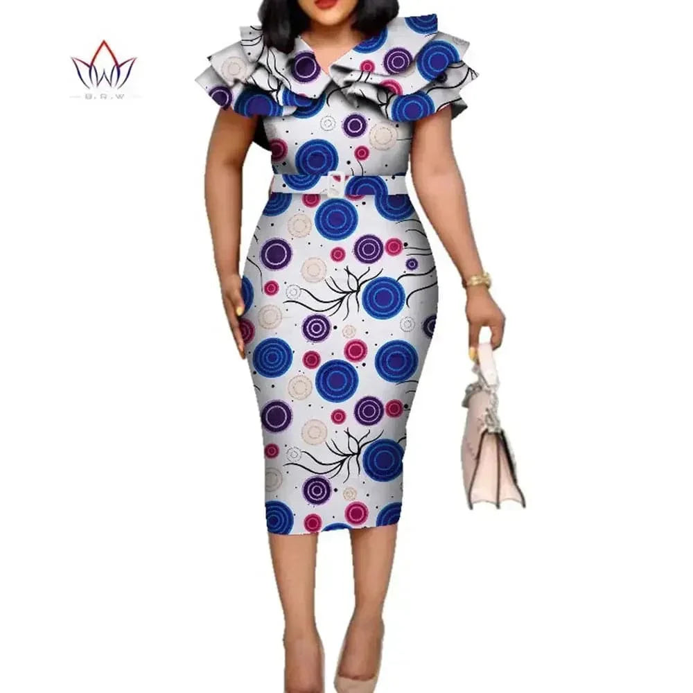 African Dashiki print dress with ruffle collar, cotton fabric, belt detail, suitable for weddings and special occasions.