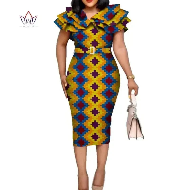 African Dashiki print cotton dress with ruffle collar, belt, and elegant design ideal for weddings and special occasions.