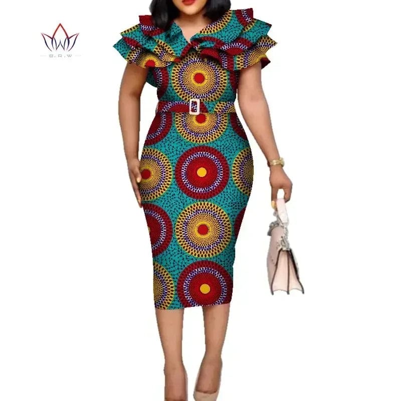 African Dashiki print dress with cotton ruffle collar and belt, stylish wedding gown by SHOWLU FASHION STORE
