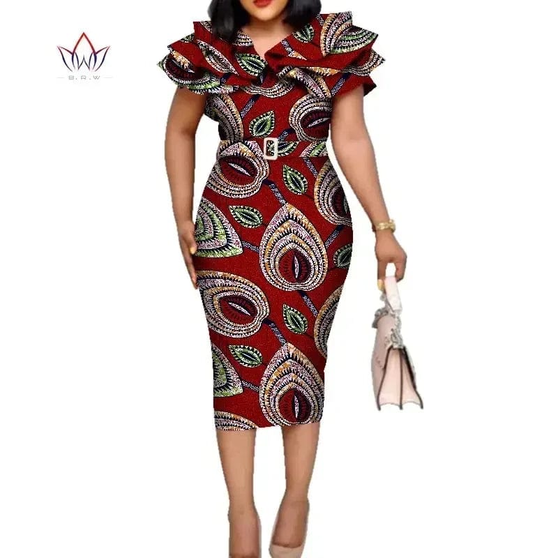 African Dashiki print dress with cotton ruffle collar and belt, designed by SHOWLU FASHION STORE, perfect for weddings and special occasions.