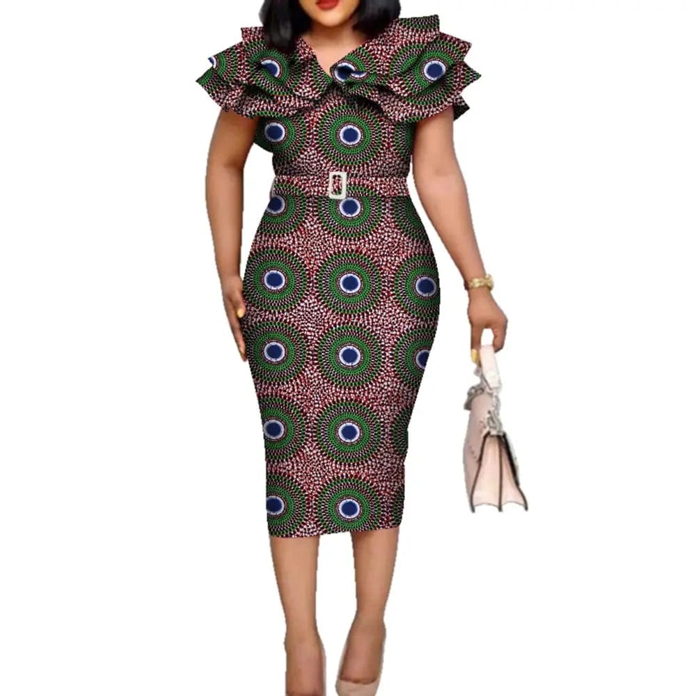 African Dashiki print dress by SHOWLU FASHION STORE with ruffle collar, belt, cotton fabric, perfect for weddings and special occasions.