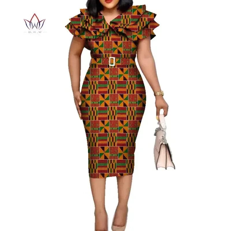 African Dashiki print cotton dress with ruffle collar and belt, suitable for weddings and special occasions, by SHOWLU FASHION STORE.