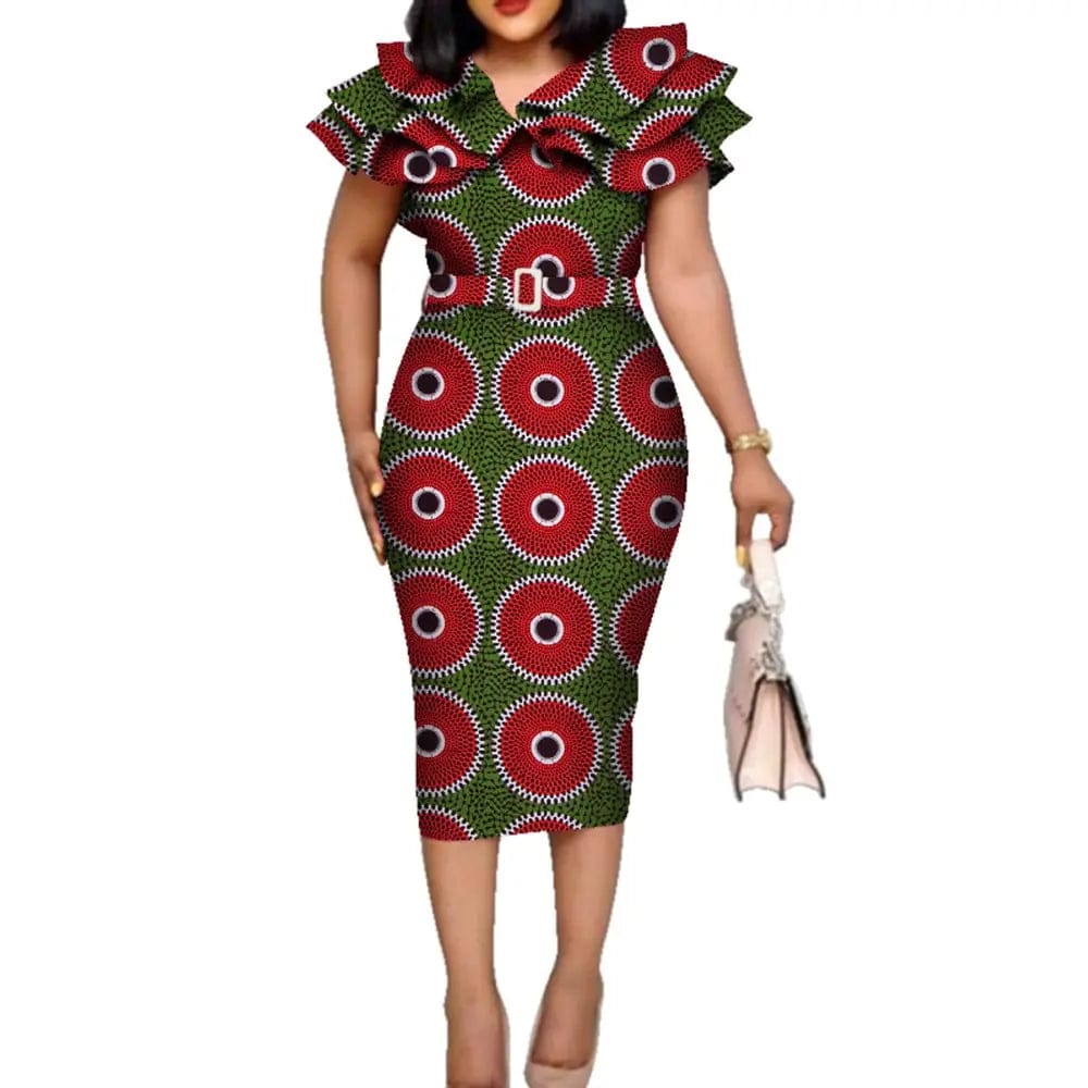 African Dashiki print dress with ruffle collar, cotton fabric, and belt, designed for weddings and special occasions.