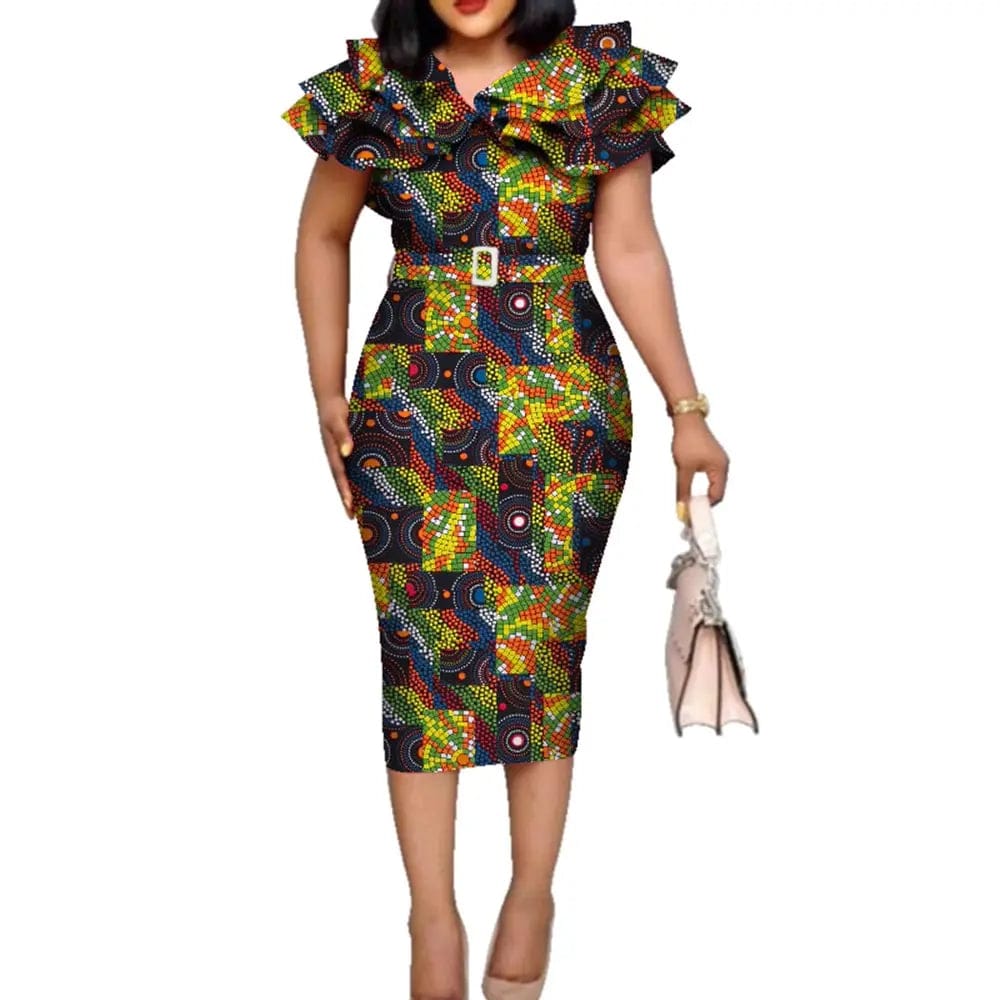 African Dashiki print cotton dress with ruffle collar and belt, designed for women’s wedding or special occasions.