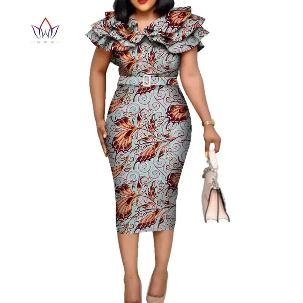 African Dashiki print dress with ruffle collar and belt, cotton fabric, suitable for wedding and special occasions.