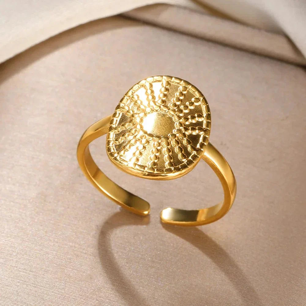 Showlu Women's vintage gold stainless steel angel feather ring, delicate jewelry for women, finger accessory with intricate feather design