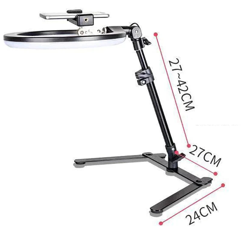Showlu Fashion 10-inch LED ring light on tripod stand, ideal for phone photography and selfie lighting.