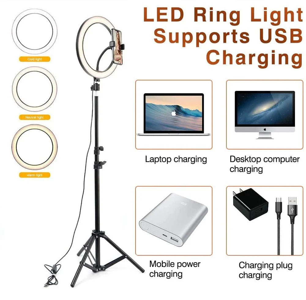 Showlu Fashion LS 10-inch LED ring light on tripod stand for phone photography and selfie lighting.
