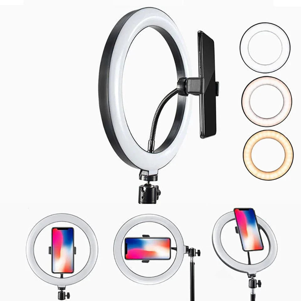 Showlu Fashion LS 10-inch LED ring light on tripod stand, ideal for phone photography and selfie lighting.