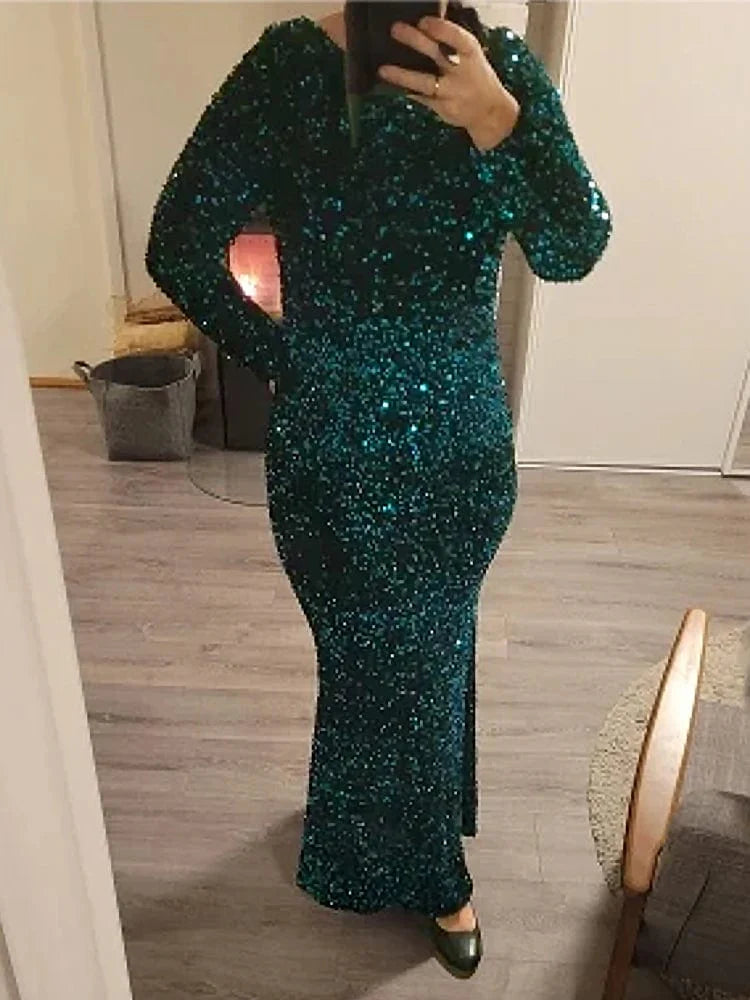 Royal blue sequin mermaid evening gown with long sleeves, elegant formal dress for prom or special occasions.