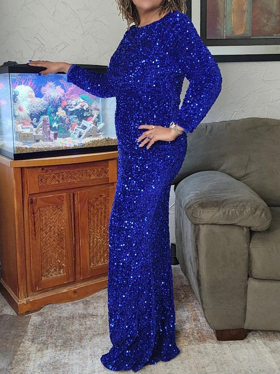 Royal blue sequin mermaid evening gown with long sleeves, elegant formal dress for prom or special occasions.