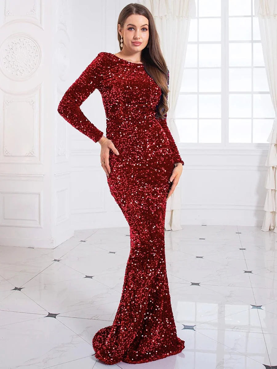 Royal blue sequin mermaid evening gown with long sleeves, elegant formal dress by SHOWLU FASHION STORE for prom or evening events.