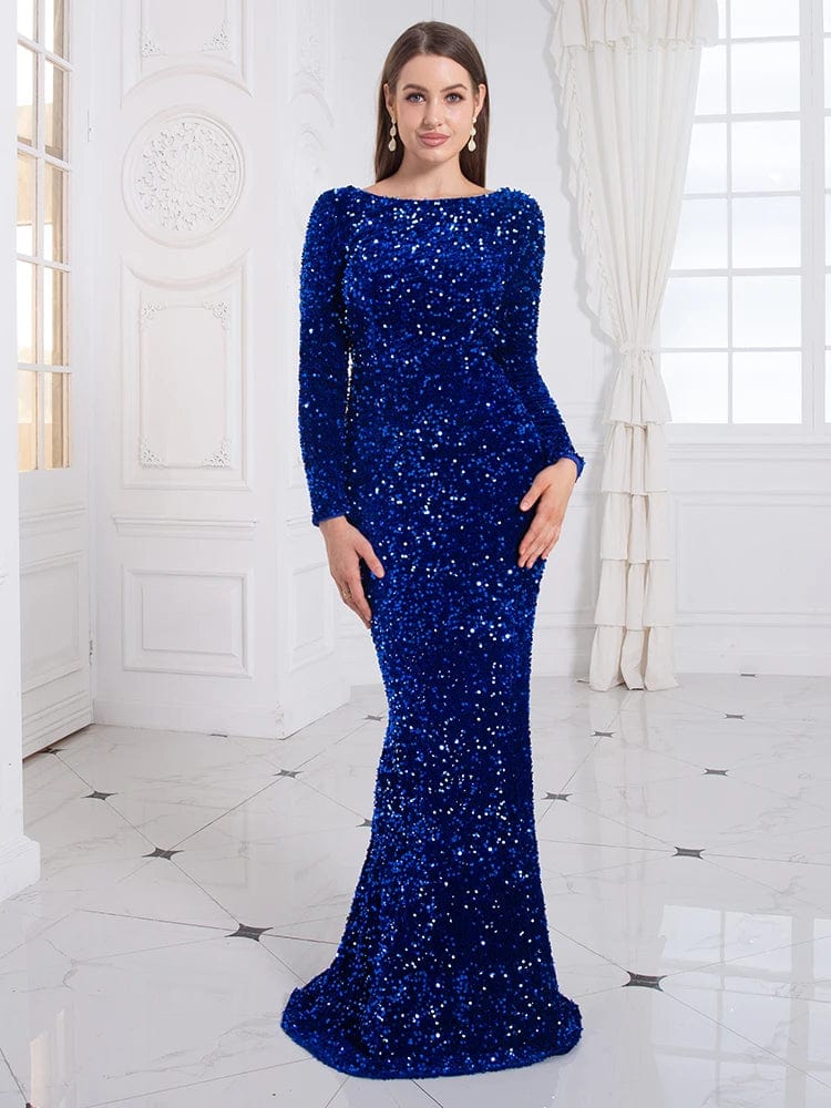 Royal blue sequin mermaid evening gown with long sleeves, elegant formal dress for prom or evening events by SHOWLU FASHION STORE.