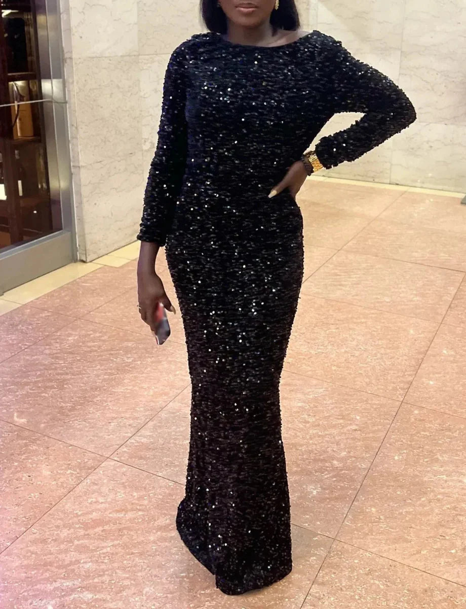 Royal blue Romagic sequin mermaid evening gown with long sleeves, elegant formal dress for prom or special occasions.