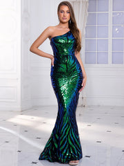 Romagic One Shoulder Flower Sequined Cocktail Party Dress Sleeveless Stretchy Evening Gown Wedding Women Dresses Floor Length - SHOWLU FASHION STORE