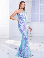 Romagic One Shoulder Flower Sequined Cocktail Party Dress Sleeveless Stretchy Evening Gown Wedding Women Dresses Floor Length - SHOWLU FASHION STORE