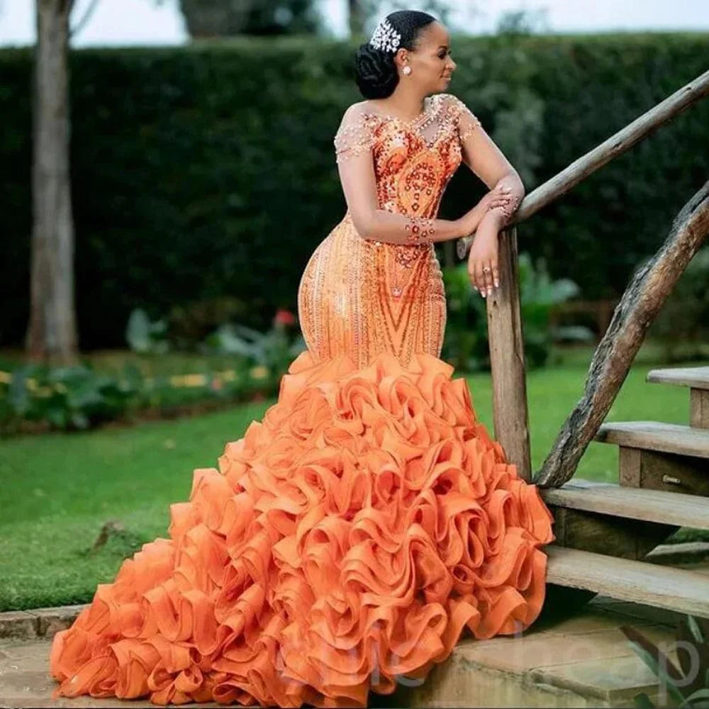 Showlu Fashion Orange Mermaid Evening Dress with lace, ruffles, and bead embellishments, perfect for formal occasions and parties.