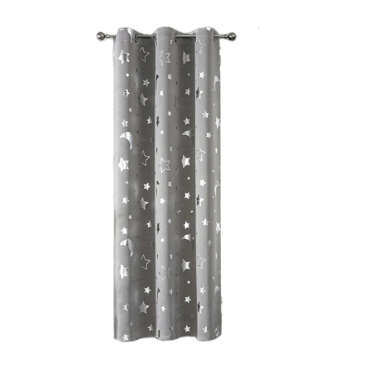 Showlu Star and Moon blackout curtains in black with silver stars and moon, thermal insulating kids nursery drapes with grommet top.