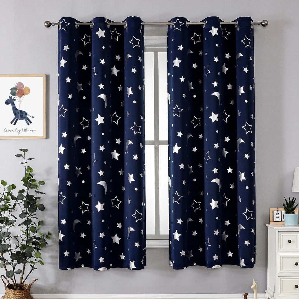 Blackout curtains with silver star and moon design for kids' nursery, thermal insulating drapes with grommet top.