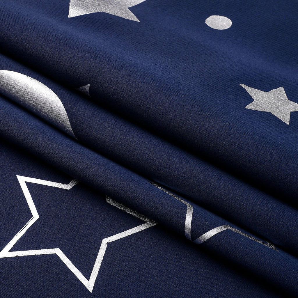 Showlu Star and Moon black blackout curtains with silver stars and moons, thermal insulating kids nursery drapes with grommets.