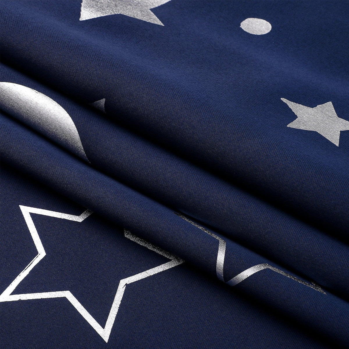 Showlu Star and Moon black blackout curtains with silver stars and moons, thermal insulating kids nursery drapes with grommets.