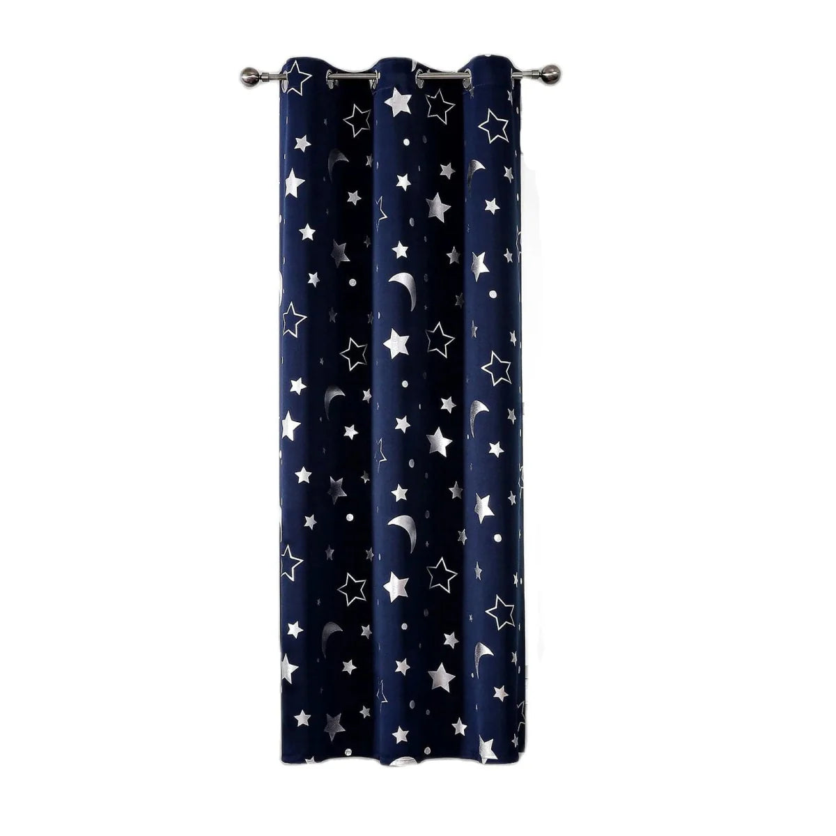 Showlu Star and Moon blackout curtains for kids' nursery, featuring silver star and moon design, thermal insulation, and grommet top.