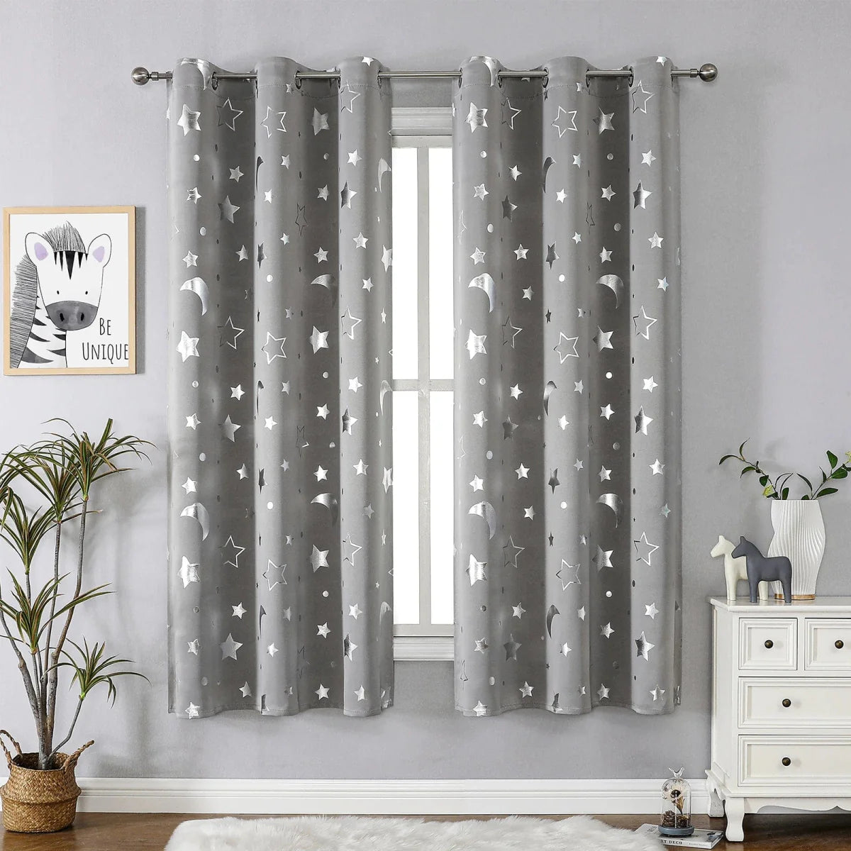 Showlu Star and Moon blackout curtains in black with silver stars and moons, thermal insulating kids nursery bedroom drapes.