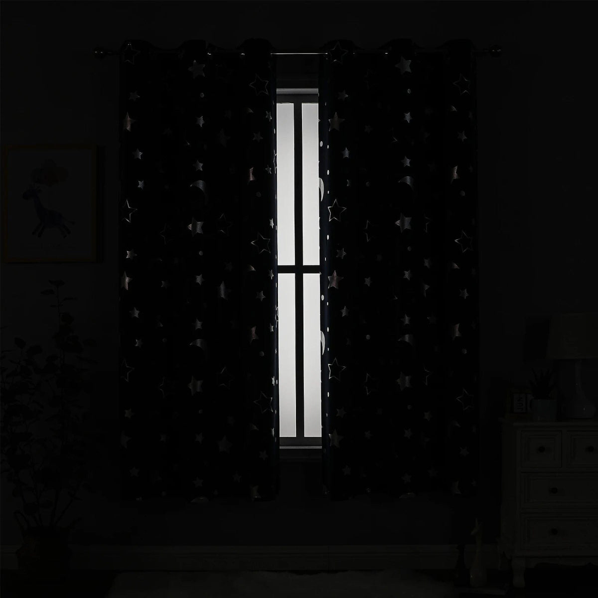 Room Darkening Curtains with Silver Star Moon for Boys Nursery Bedroom Blackout Kids Curtain Grommet Thermal Insulating Drapes - SHOWLU FASHION STORE