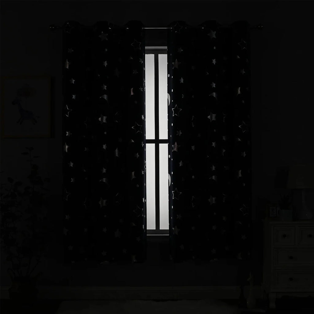 Showlu Star and Moon blackout curtains in black with silver stars and moons, thermal insulating kids drapes for nursery or bedroom.