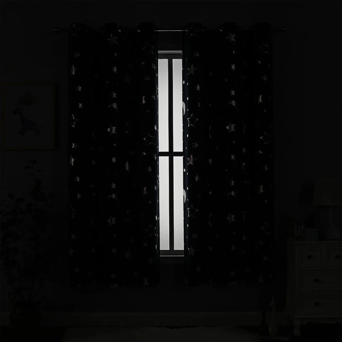 Showlu Star and Moon blackout curtains in black with silver stars and moons, thermal insulating kids drapes for nursery or bedroom.