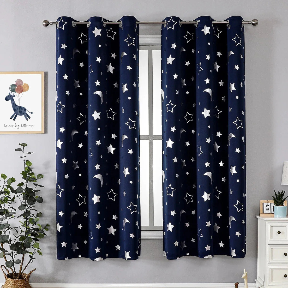 Showlu Star and Moon blackout curtains for kids' nursery, featuring silver star and moon designs, thermal insulating fabric.