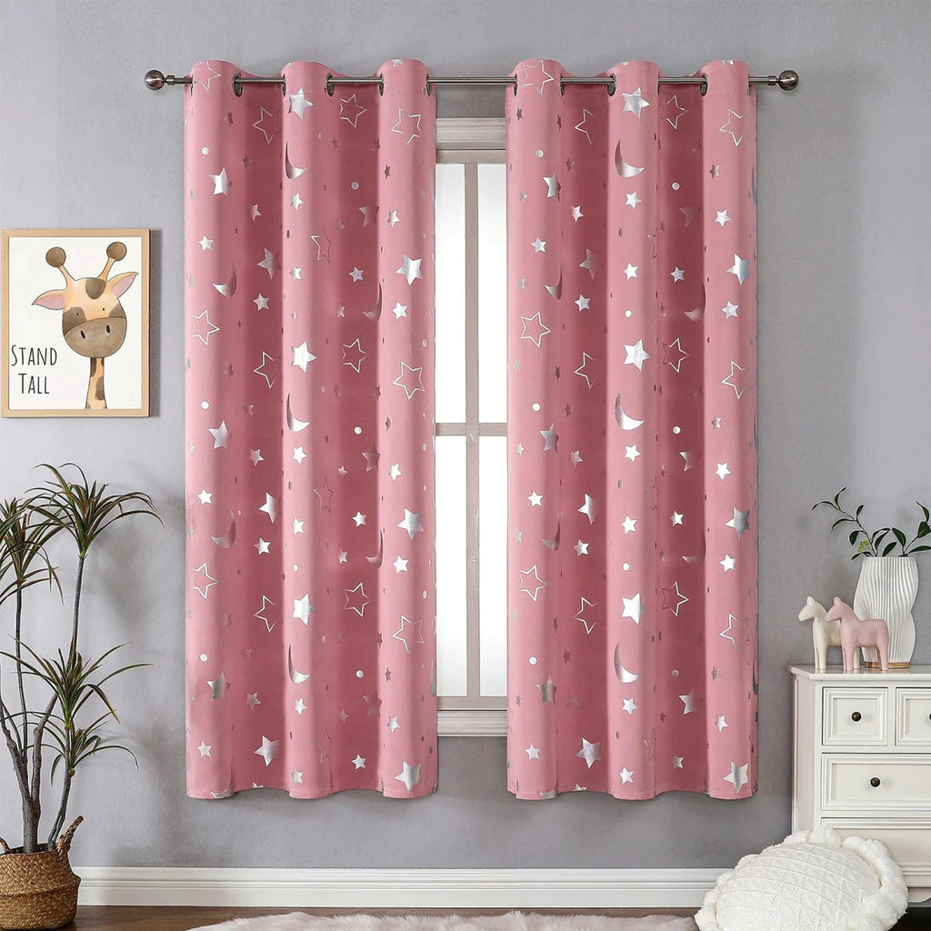 Blackout curtains with silver star and moon design for kids' nursery, thermal insulating drapes with grommets for bedroom.