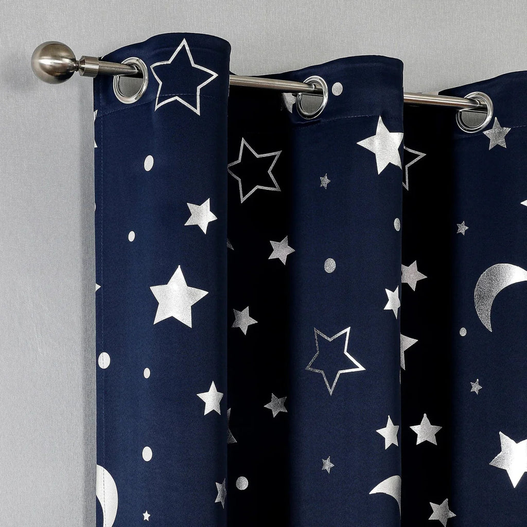 Showlu Star and Moon blackout curtains for kids' nursery, featuring silver star and moon designs, thermal insulation, and grommet top.