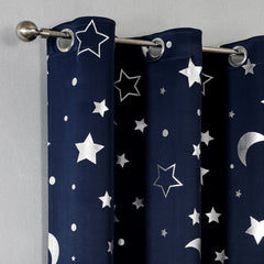 Room Darkening Curtains with Silver Star Moon for Boys Nursery Bedroom Blackout Kids Curtain Grommet Thermal Insulating Drapes - SHOWLU FASHION STORE