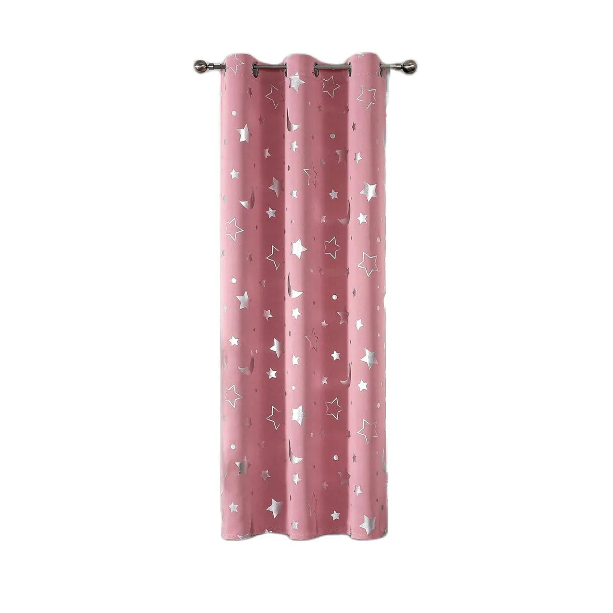 Blackout curtains with silver star and moon pattern for kids' nursery, thermal insulating drapes with grommet top design.