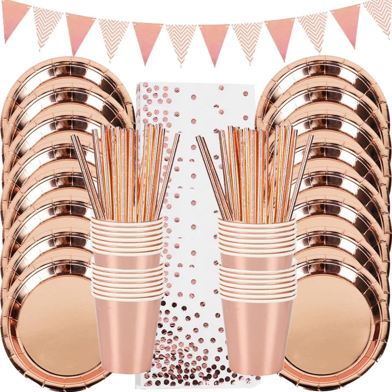 Rose gold disposable tableware set with paper plates, cups, and napkins for birthday parties and weddings.