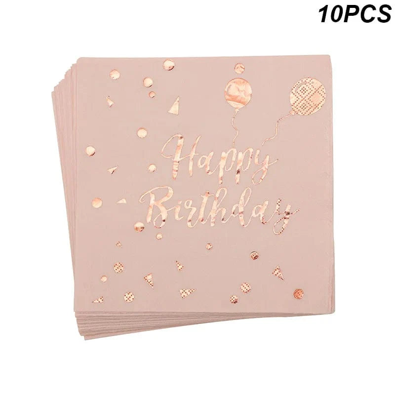 Rose gold disposable tableware set including paper plates, cups, and napkins for birthday or wedding celebrations