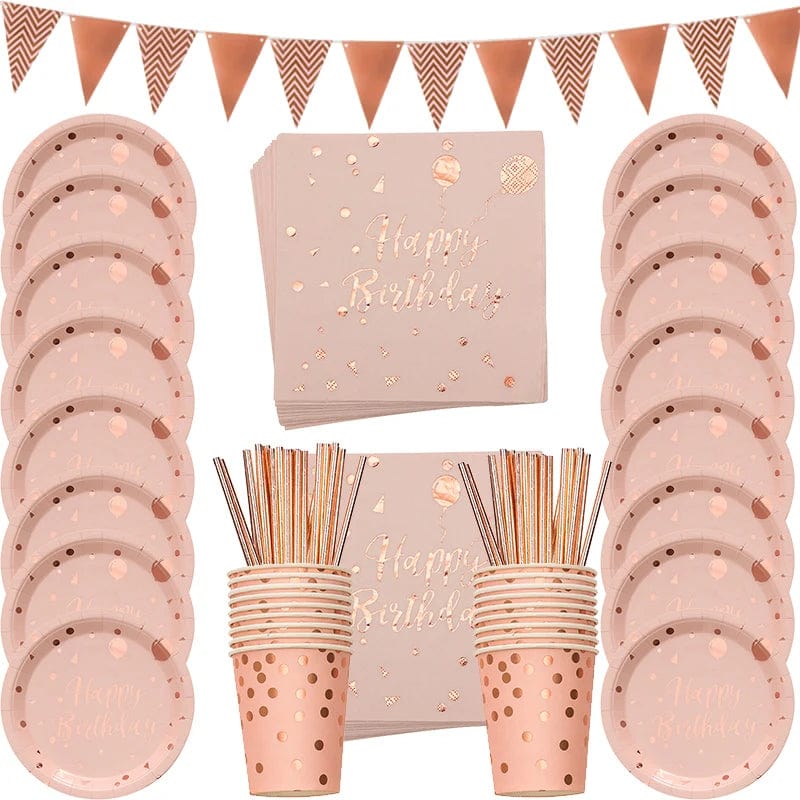 Rose gold disposable tableware set with paper plates, cups, napkins, and tablecloth for birthday and wedding parties.