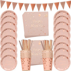 A rose gold disposable party tableware set featuring plates, napkins, cups, straws, and a banner.