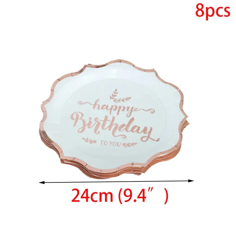 Rose gold disposable tableware set including paper plates, cups, and napkins for birthday parties and wedding celebrations.