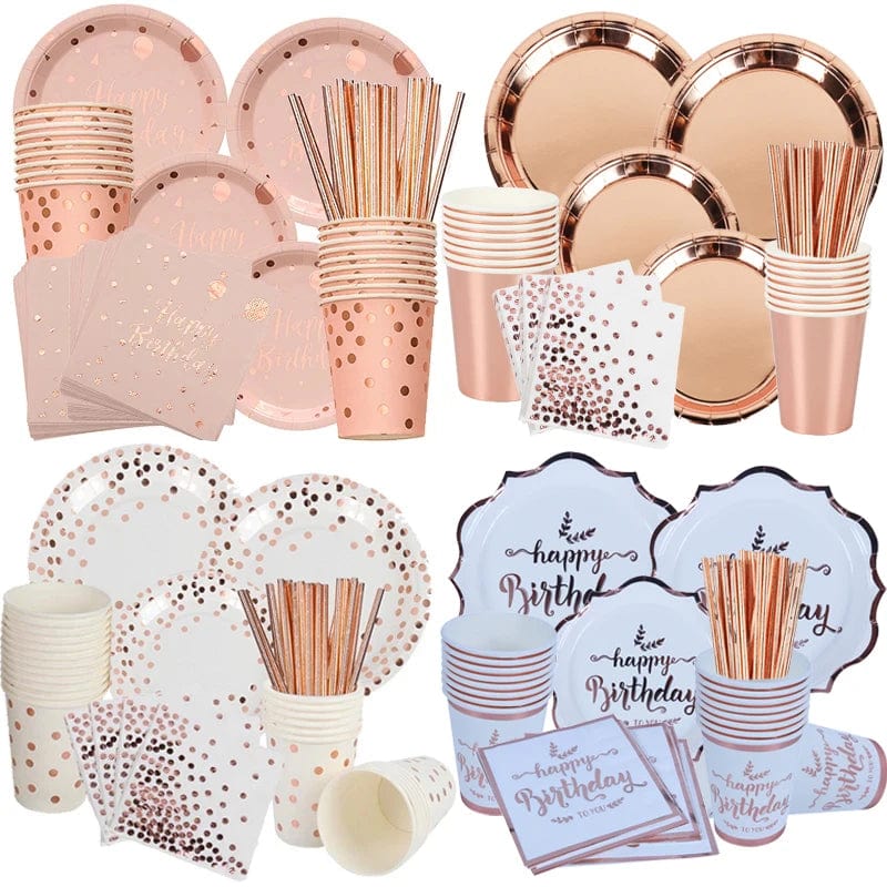 Rose gold disposable tableware set including paper plates, cups, napkins, and tablecloth for birthday parties and weddings.
