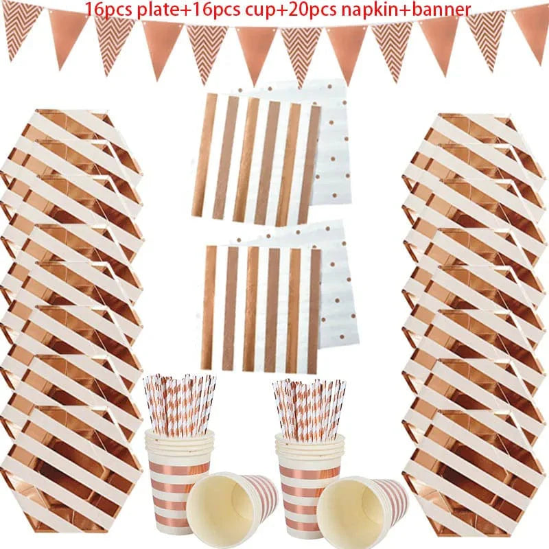 Rose gold disposable tableware set including paper plates, cups, and napkins for birthday parties and weddings.