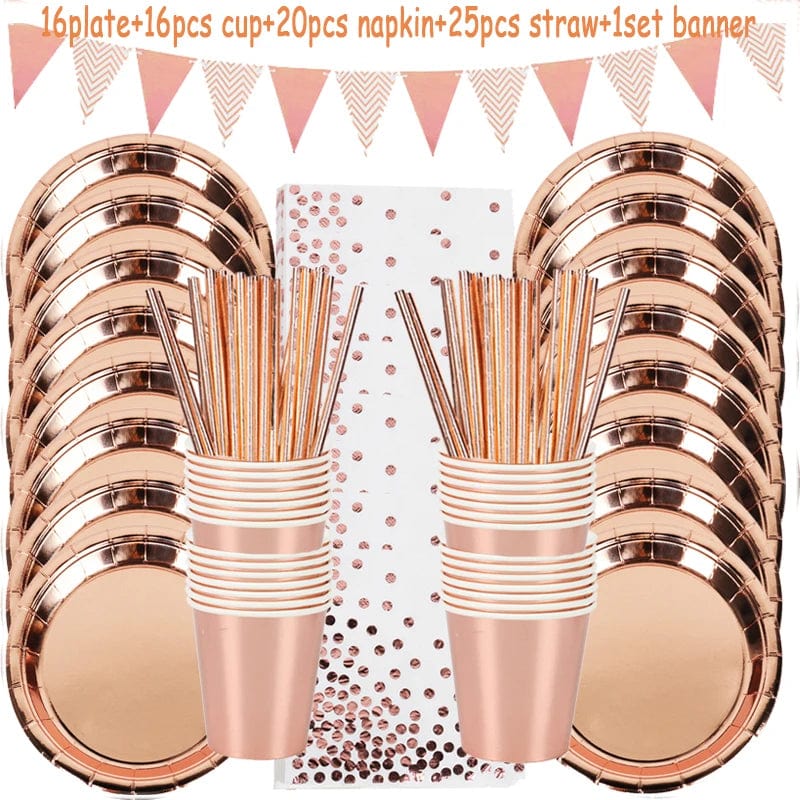 Rose gold disposable tableware set with paper plates, cups, and napkins for birthday parties and weddings.